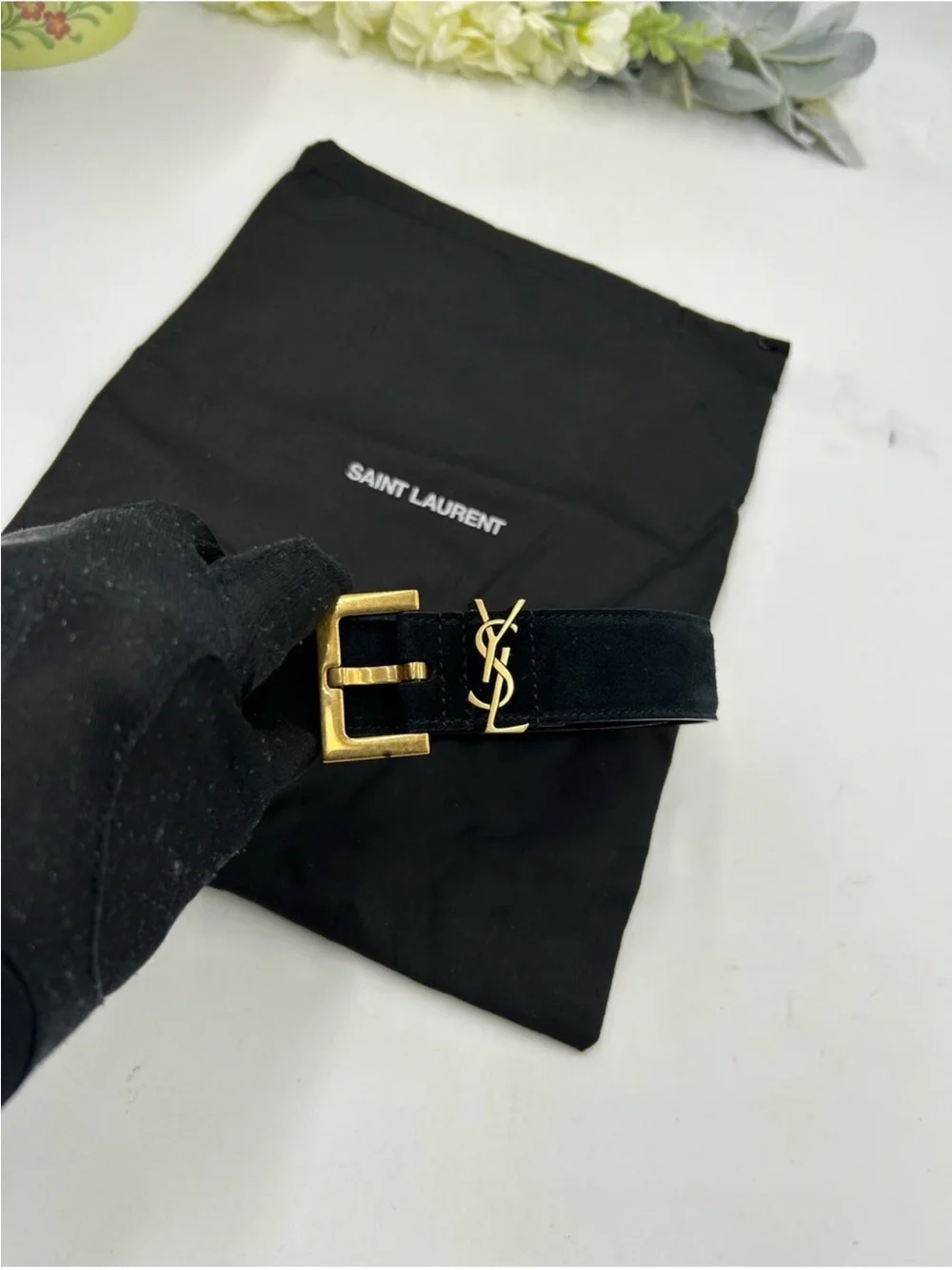 Women’s Saint Laurent black suede belt with gold YSL logo 80/32 inch